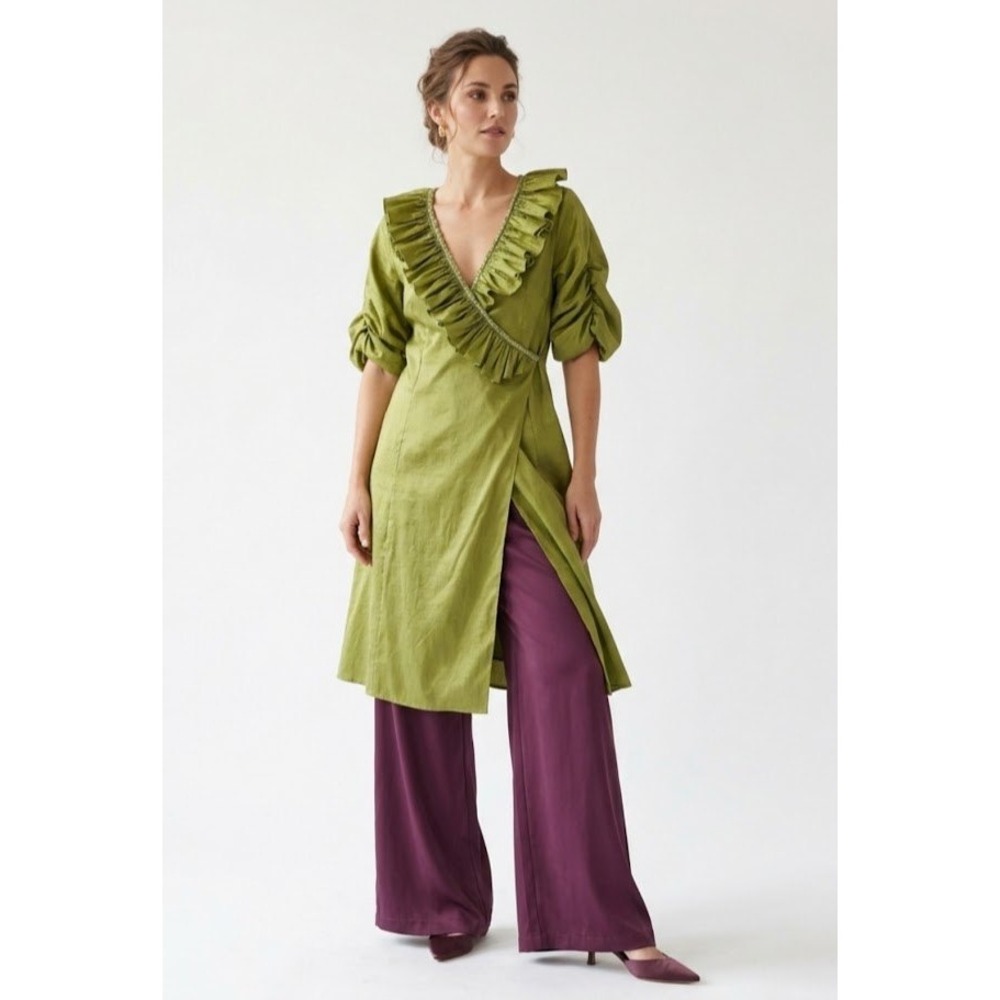 Overlay Jacket/ Dress Womens Small Green Ruffle Ruched Wrap Trendy City Midi
